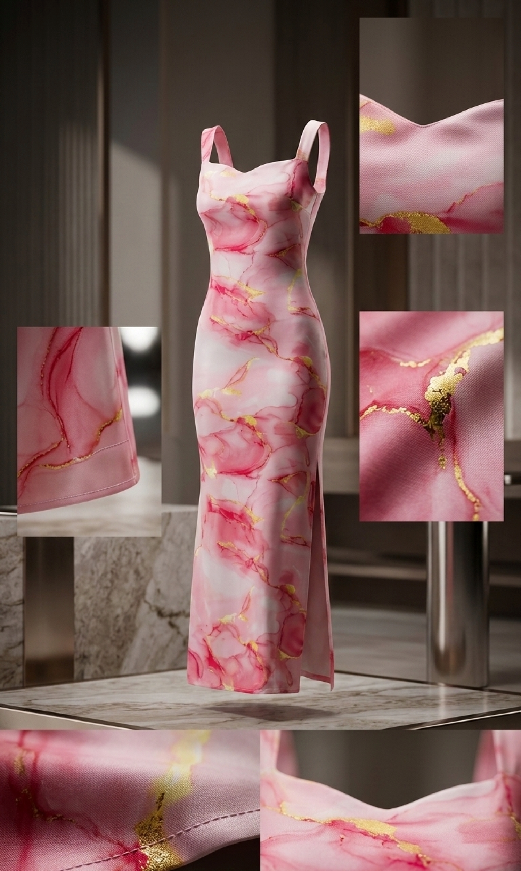 PINK MARBLE PRINT BODYCON MIDI DRESS