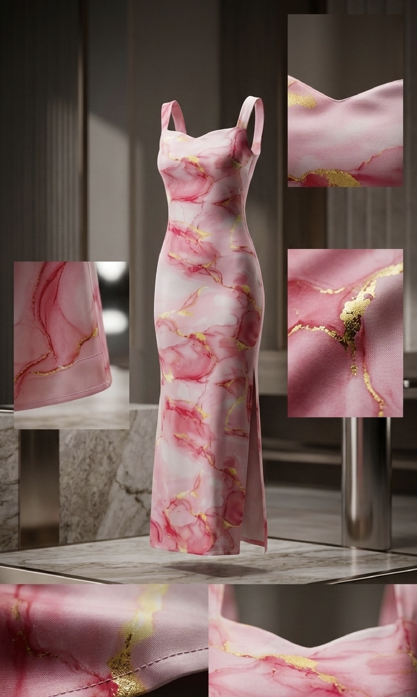 PINK MARBLE PRINT BODYCON MIDI DRESS